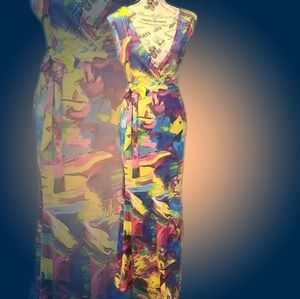 Multicolor Vneck Maxi Dress with Matching Belt
